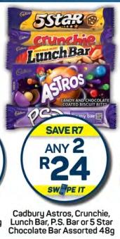 Cadbury Astros, Crunchie, Lunch Bar, P.S. Bar or 5 Star Chocolate Bar Assorted