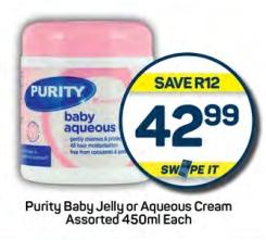 Purity Baby Jelly or Aqueous Cream Assorted 450ml