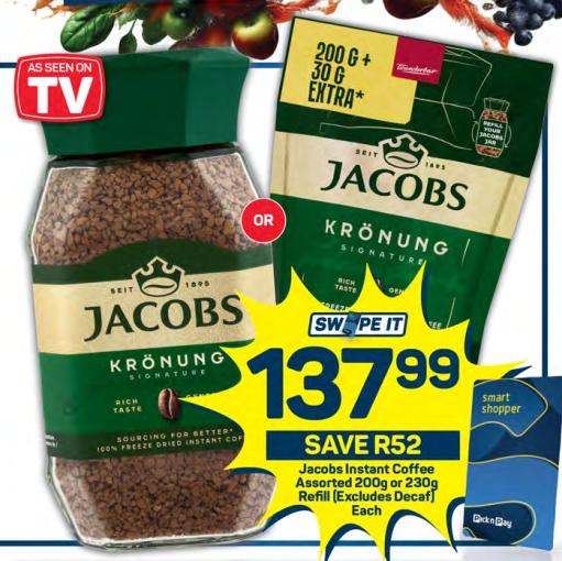 Jacobs Instant Coffee Assorted 200g or 230g Refill (Excludes Decaf)