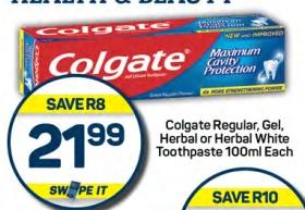 Colgate Regular, Gel, Herbal or Herbal White Toothpaste 100ml Each