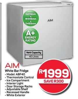 AIM White Bar Fridge with Model ABF40, features include Thermostat Control, Ice Compartment, Interior Light, Door Storage Racks, Adjustable Shelf, Recessed Handle, and White Exterior. 