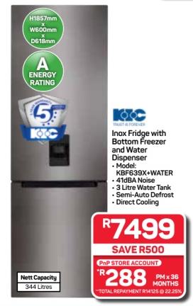 KIC Inox Fridge with Bottom Freezer and Water Dispenser 344Litres