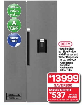 DEFY Metallic Side-by-Side Fridge with Freezer and Water Dispenser 555 Litres 