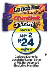 Cadbury Crunchie, Lunch Bar, 5Star or P.S. Bar Assorted