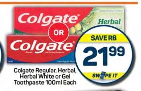 Colgate Regular, Herbal, Herbal White or Gel Toothpaste