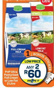 PnP Ultra Pasteurised Full Cream or Low Fat Milk 2 Ltr