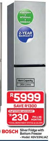 Silver Fridge with Bottom Freezer 264 Ltr