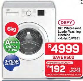 DEFY 6kg White Front Loader Washing Machine - Model: DAW381