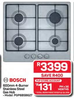 Bosch 600mm 4-Burner Stainless Steel Gas Hob