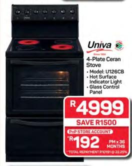 UNIVA 4-Plate Ceran Stove, Model: U126CB, Hot Surface Indicator Light, Glass Control Panel