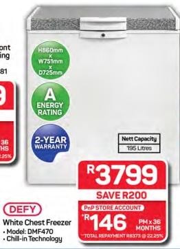 Defy White Chest Freezer - Model: DMF470