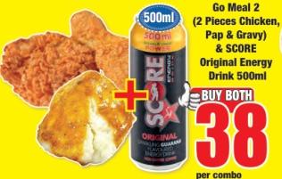 Go Meal 2 (2 Pieces Chicken, Pap & Gravy) & SCORE Original Energy Drink 500ml