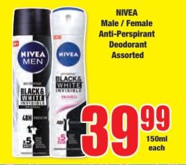 NIVEA Male / Female Anti-Perspirant Deodorant Assorted 150ml