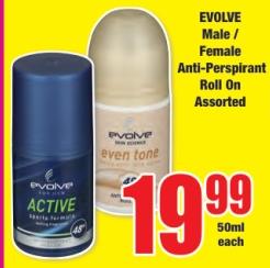 EVOLVE Male / Female Anti-Perspirant Roll On Assorted 50ml