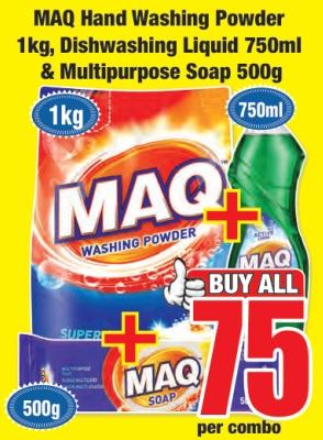 MAQ Hand Washing Powder 1kg, Dishwashing Liquid 750ml & Multipurpose Soap 500g