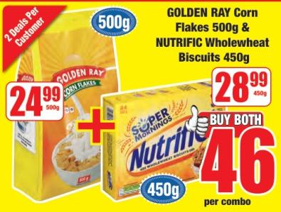 GOLDEN RAY CORN FLAKES 500G & NUTRIFIC WHOLEWHEAT BISCUITS 250G