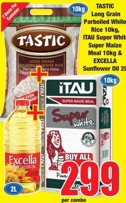 TASTIC Long Grain Parboiled White Rice 10KG ITAU SUPER WHITE SUPER MALZE MEAL 10KG& EXVELLA SUNFLOWER OIL 2 L