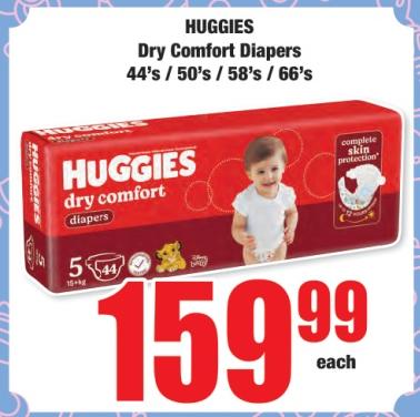 HUGGIES Dry Comfort Diapers 44'S/50'S/58'S/66'S