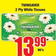 TWINSAVER 2 Ply White Tissues 90'S