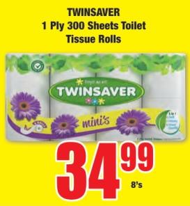 TWINSAVER 1 Ply 300 Sheets Toilet Tissue Rolls 8'S