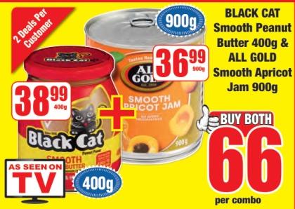 BLACK CAT SMOOTH PEANUT BUTTER 400 GM & ALL GOLD SMOOTH APRICOAT JAM 900 GM