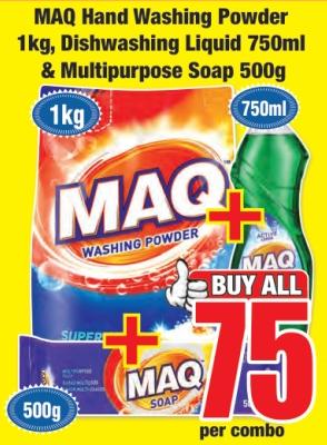 MAQ Hand Washing Powder 1 kg, Dishwashing Liquid 750 ml, & Multipurpose Soap 500 gm