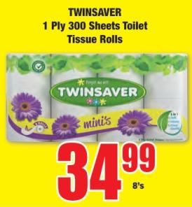 TWINSAVER 1 Ply 300 Sheets Toilet Tissue Rolls