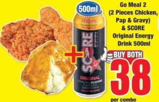 Go Meal 2 (2 Pieces Chicken, Pap & Gravy) & SCORE Original Energy Drink 500ml