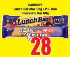 Cadbury Lunch Bar Max 62g / P.S. Duo Chocolate Bar 60g