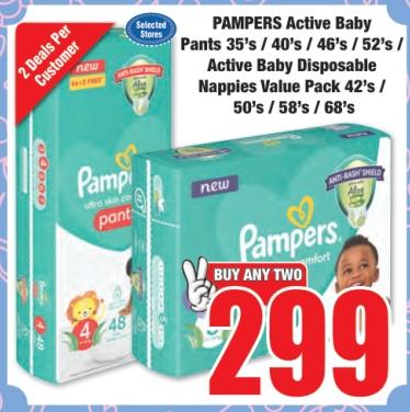 PAMPERS Active Baby Pants 35's / 40's / 46's / 52's / Active Baby Disposable Nappies Value Pack 42's / 50's / 58's / 68's