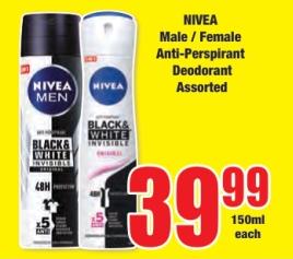 NIVEA Male / Female Anti-Perspirant Deodorant Assorted 150ml 