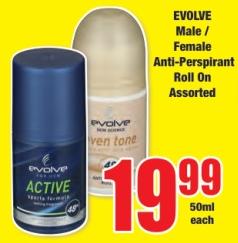 EVOLVE Male / Female Anti-Perspirant Roll On Assorted