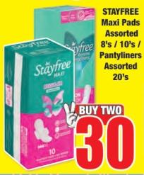 STAYFREE Maxi Pads Assorted 8's / 10's / Pantyliners Assorted 20's