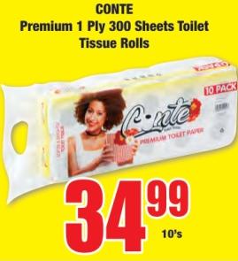 CONTE Premium 1 Ply 300 Sheets Toilet Tissue Rolls 10s