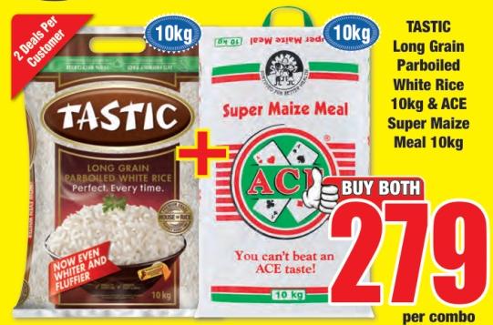 TASTIC Long Grain Parboiled White Rice 10kg & ACE Super Maize Meal 10kg