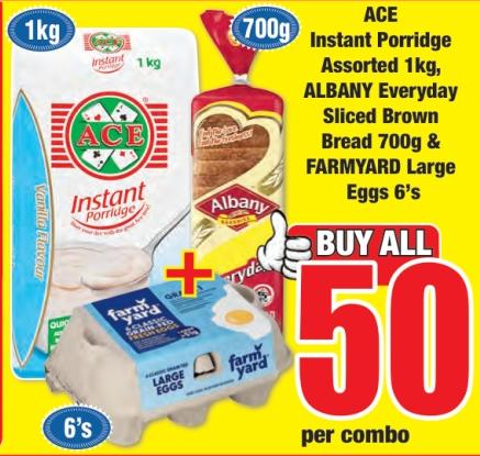 ACE Instant Porridge , Assorted 1 kg ALBANY Everday  Sliced Brown Bread 700 gm & FARMYARD Large EGG 6's 