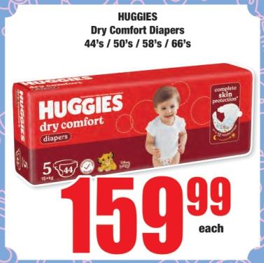 HUGGIES Dry Comfort Diapers 44's/50's/58's/66's 