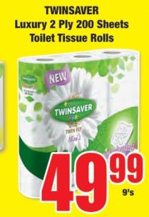 TWINSAVER Luxury 2 Ply 200 Sheets Toilet Tissue Rolls 9's 