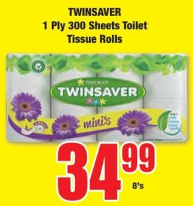 TWINSAVER 1 Ply 300 Sheets Toilet Tissue Rolls 