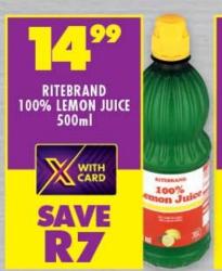 RITEBRAND 100% LEMON JUICE 500 ml