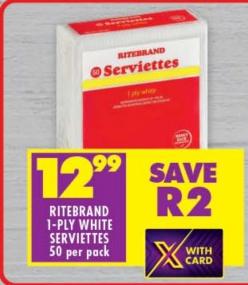 RITEBRAND 1-PLY WHITE SERVIETTES