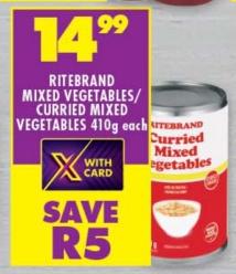 Ritebrand Mixed Vegetables/Curried Mixed Vegetables 410g