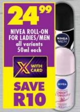 NIVEA ROLL-ON FOR LADIES/MEN all variants 50ML