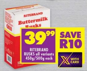 Ritebrand Buttermilk Rusks all variants 450g/500g