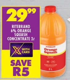 RITEBRAND 6% ORANGE SQUASH CONCENTRATE 2ltr