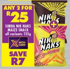 Simba Nik Naks Maize Snack 135gm Any 2