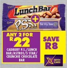 Cadbury P.S./Lunch Bar/Astros/5 Star/Cunchie Chocolate Bar