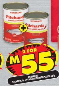 Ritebrand Pilchards in tomato sauce and hot chilli sauce 400g