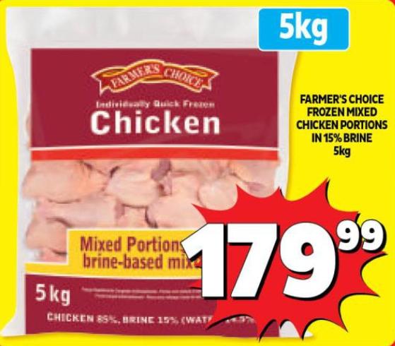 FARMER'S CHOICE FROZEN MIXED CHICKEN PORTIONS IN 15% BRINE 5Kg