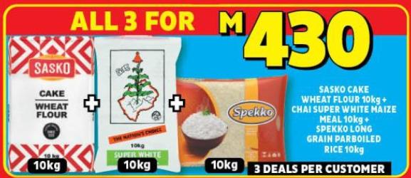 SASKO CAKE WHEAT FLOUR 10kg CHAI SUPER WHITE MAIZE MEAL 10kg SPEKKO LONG GRAIN PARBOILED RICE 10kg